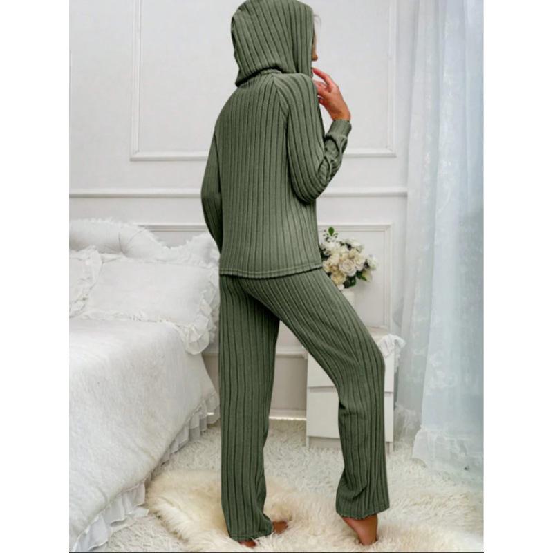 Women's Home Wear Set Casual Fashion Pit Strip Brushed Long-sleeved Hooded Button T-shirt Trousers