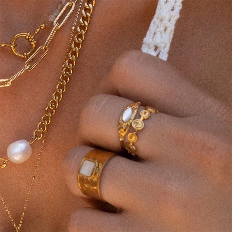 Vintage Gold PVD Stainless Steel Natural Stone CZ Zircon Sunburst Oval Geometric Ring For Women