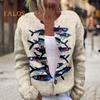 Women Sweater Coat Round Neck Long Sleeve Animal Print Knitting Outerwear Loose Fit Open Front Cardigan