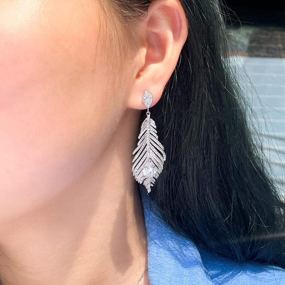 CMM Beautiful Sparkling Zircon Long Feather Drop Earrings