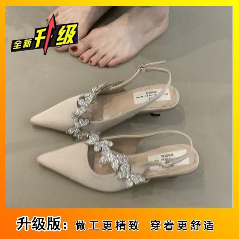 Xia Xin Chinese-style Pointed Rhinestone Bag Head Sandals Women's Butterfly Satin High Heels Thin Heel One-word Strap Single Shoes