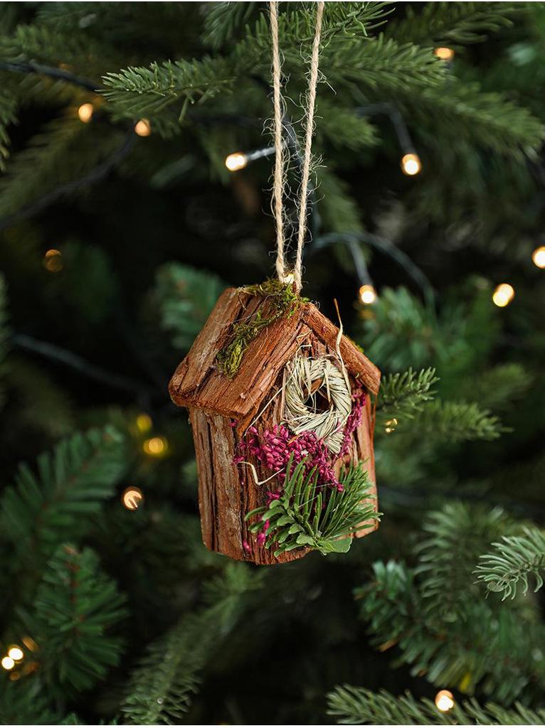 Wooden Birdhouse Pendant with Moss, Bark, Flowers & Grass - Thatch Roof Ornament for Christmas Tree Decoration.