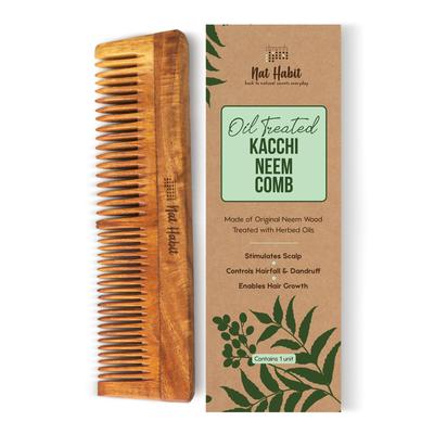 Деревянная расческа Nat Habit Kacchi Neem, вымоченная в 17 травах, масле нима и кунжутном масле для многостороннего действия - Распутывание, Контроль пушистости и Блеск, Подходит для всех типов волос