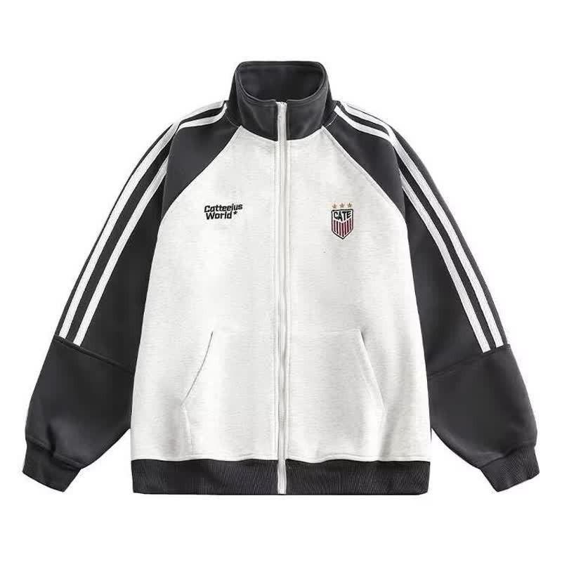 Color Block Embroidered Collared Zip Up Sweatshirt Loose Fit Couples Casual Sportswear
