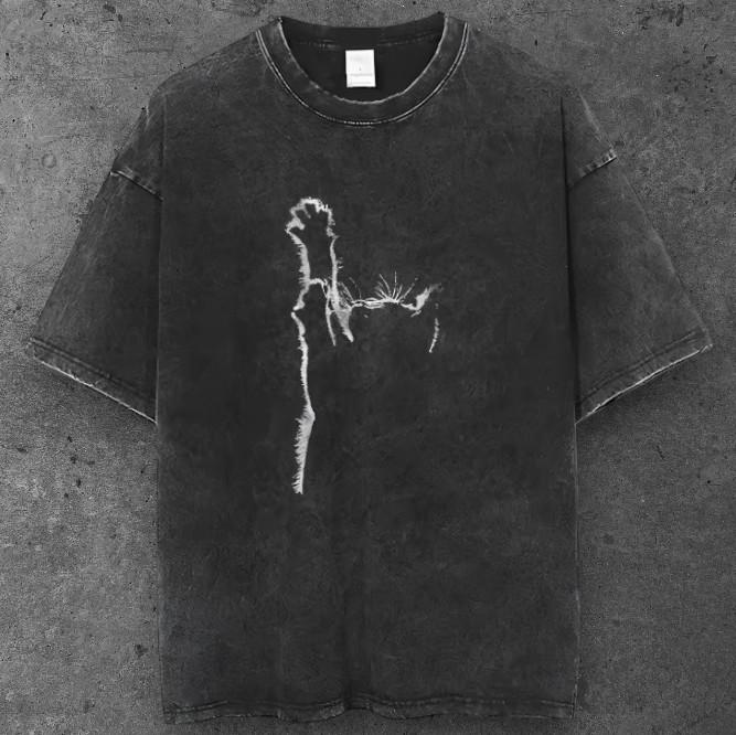 Unisex Shadow Cat Oversized T Shirt Washed Black Grunge Aesthetic S-2XL