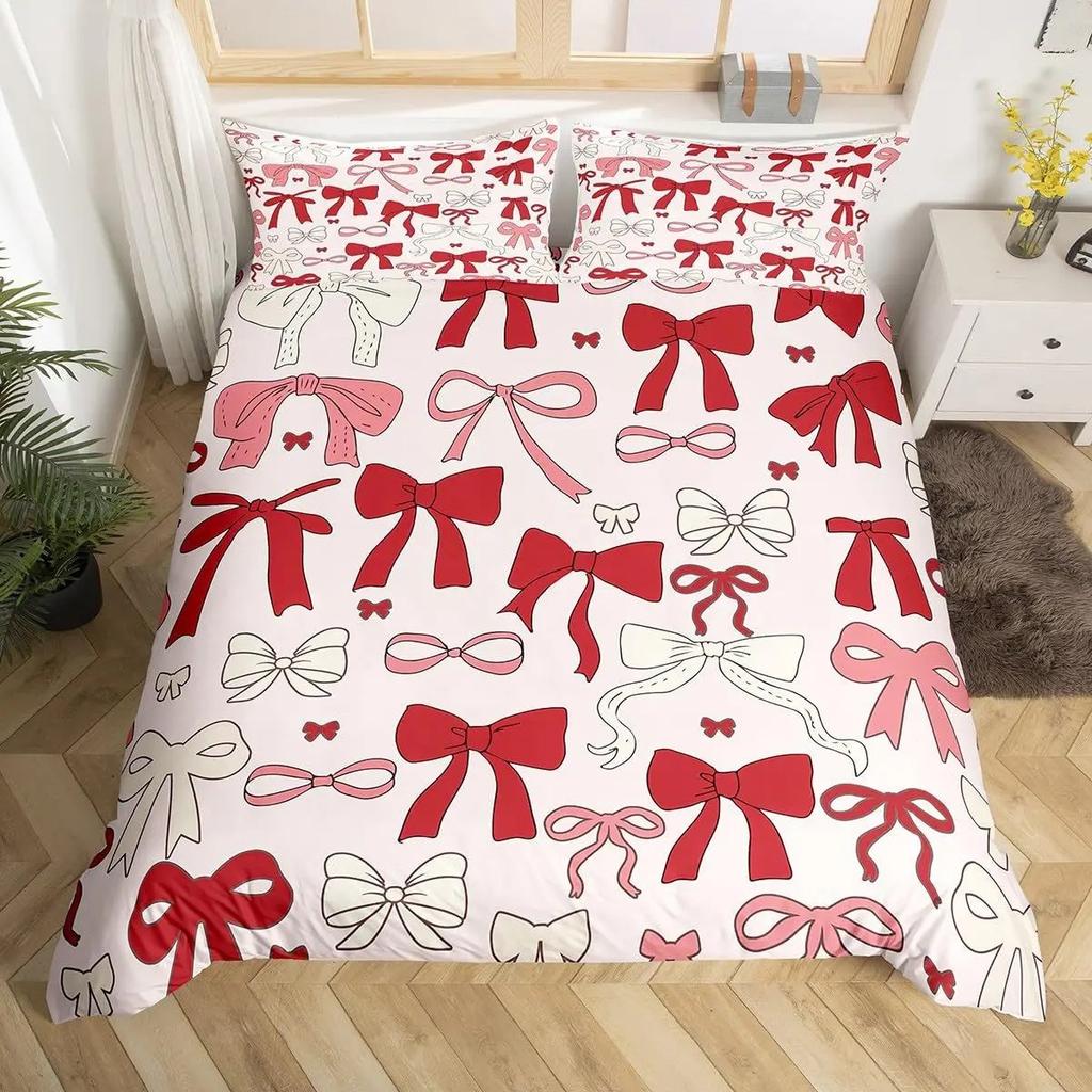 3D Bowknot Print Duvet Cover Set, Cute Bow Heart Pattern Bedding Set, Soft Microfiber Quilt Cover With Pillowcases
