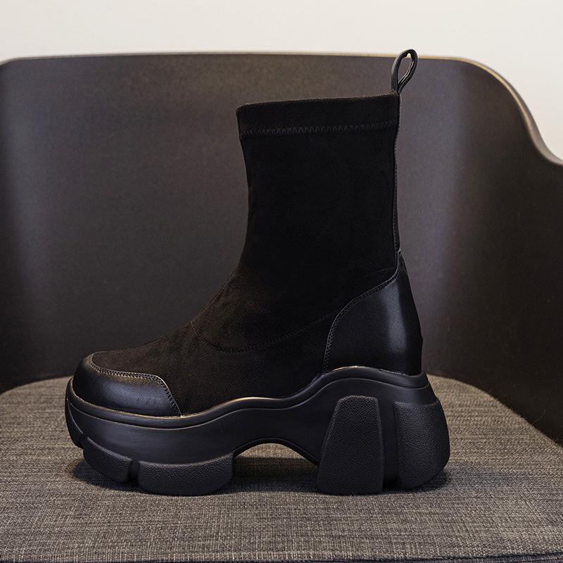 Черные эластичные ботинки осень новые внутренняя высота увеличение дышащие высокий каблук короткие ботинки тонкие ботинки женские носки ботинки