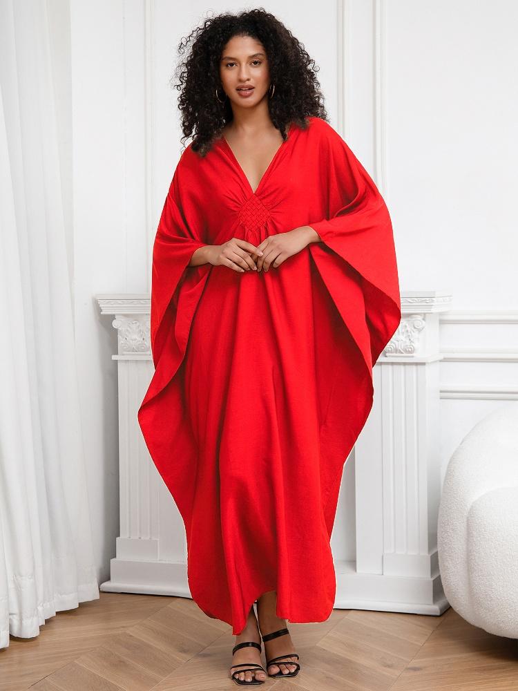 EDOLYNSA Red Women's Kaftan Long Dress Robe Holiday Cover Up Bat Sleeves Beach Dress Lounge wear Q1306