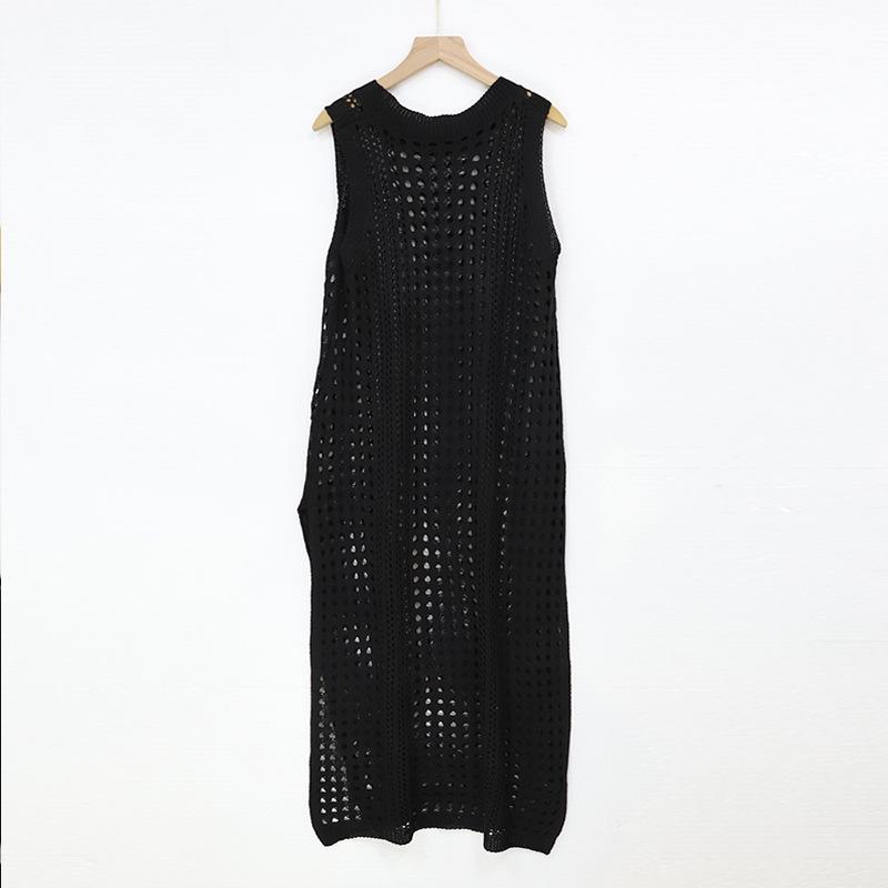 Летний женский полый вязаный жилет, морское длинное платье с круглым вырезом, без рукавов, пляжная накидка