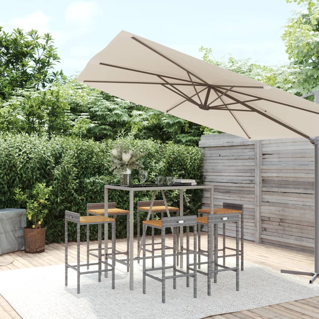 7 Piece Garden Bar Set Grey Poly Rattan & Solid Acacia Wood