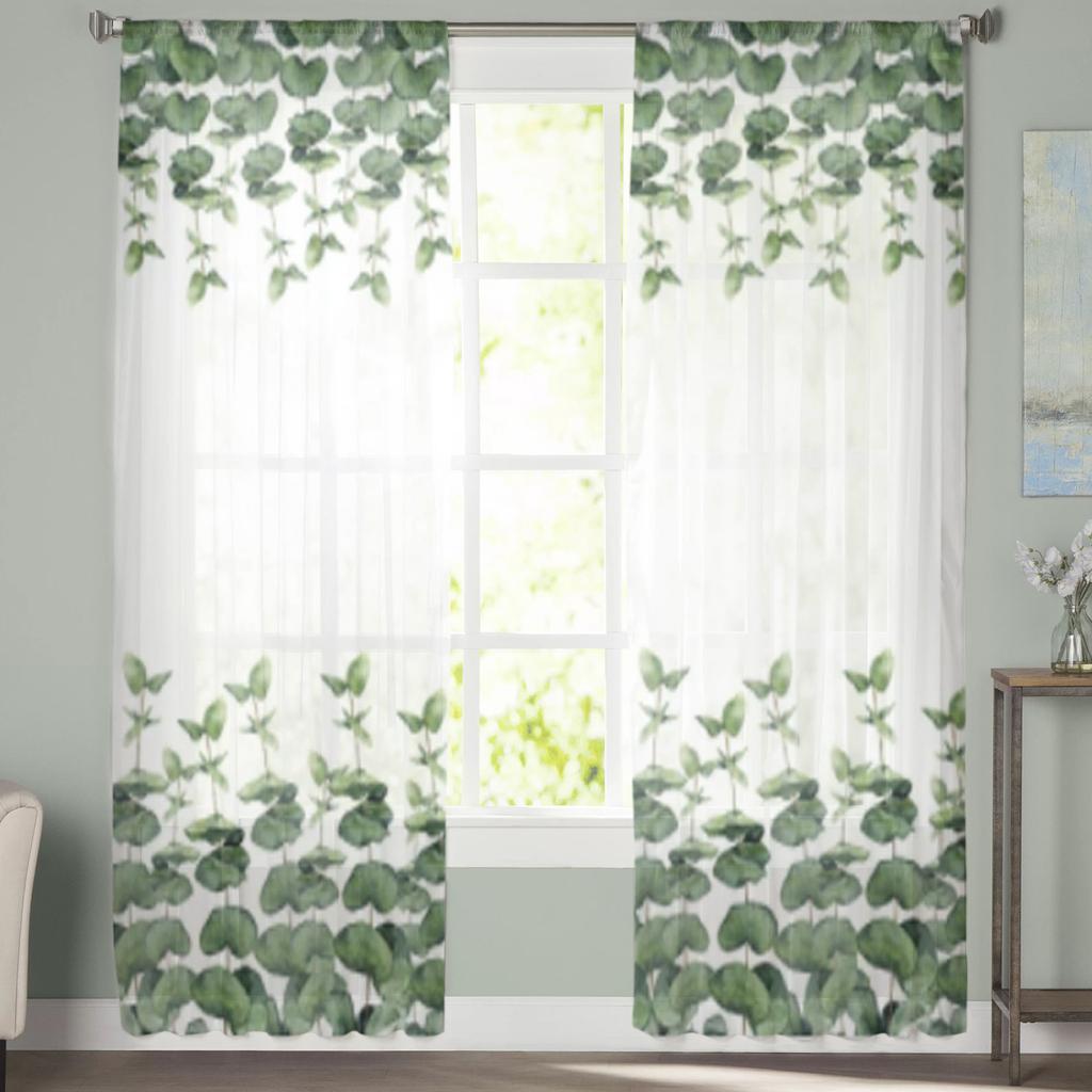 Акварель с ветвями эвкалипта Прозрачная занавеска для гостиной Современная вуаль Тюль Оконные занавески для спальни Кухонные шторы