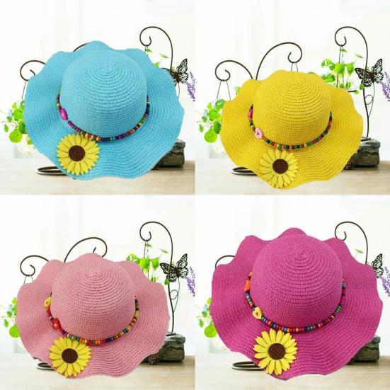 Шляпа от солнца для мальчиков и девочек, солнцезащитный дизайн, дышащая пляжная шляпа, волнистые поля, желтые цветы, бусины, плетеная соломенная шляпа