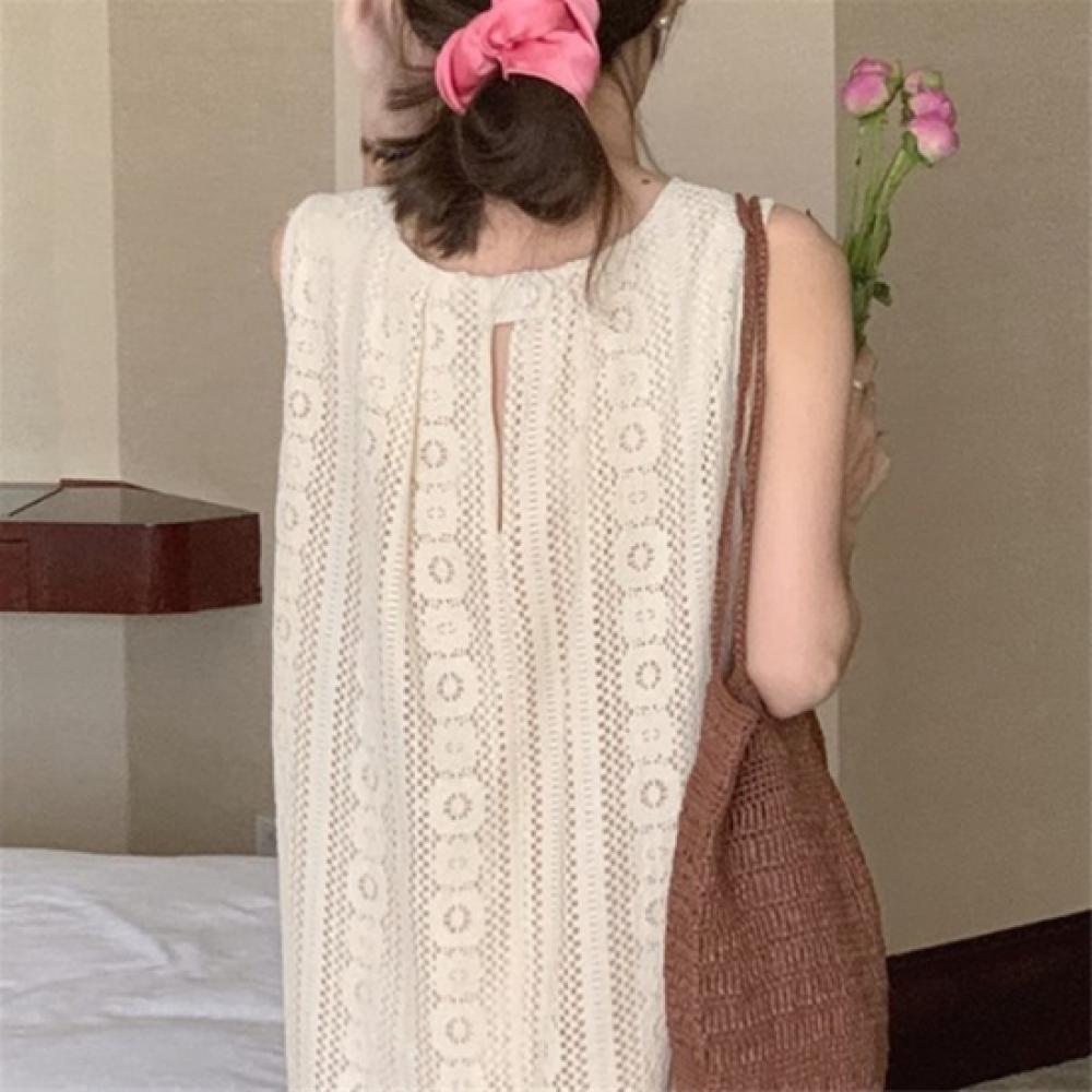 New Arrivals Open Run Women Sleeveless Long Dress Ivory Embroidery Slit Back Row