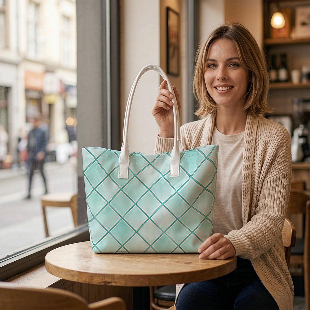 Light Green Geometric Pattern Tote Bag Casual Daily Use Shoulder Bag for Women Outdoor Shopping Portable Handbag