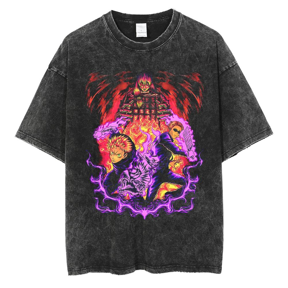 Hot Anime Jujutsu Kaisen Gojo Satoru Graphic Washed T-shirt Men Casual Cotton Tshirts Manga Tee Harajuku Male Vintage T Shirt