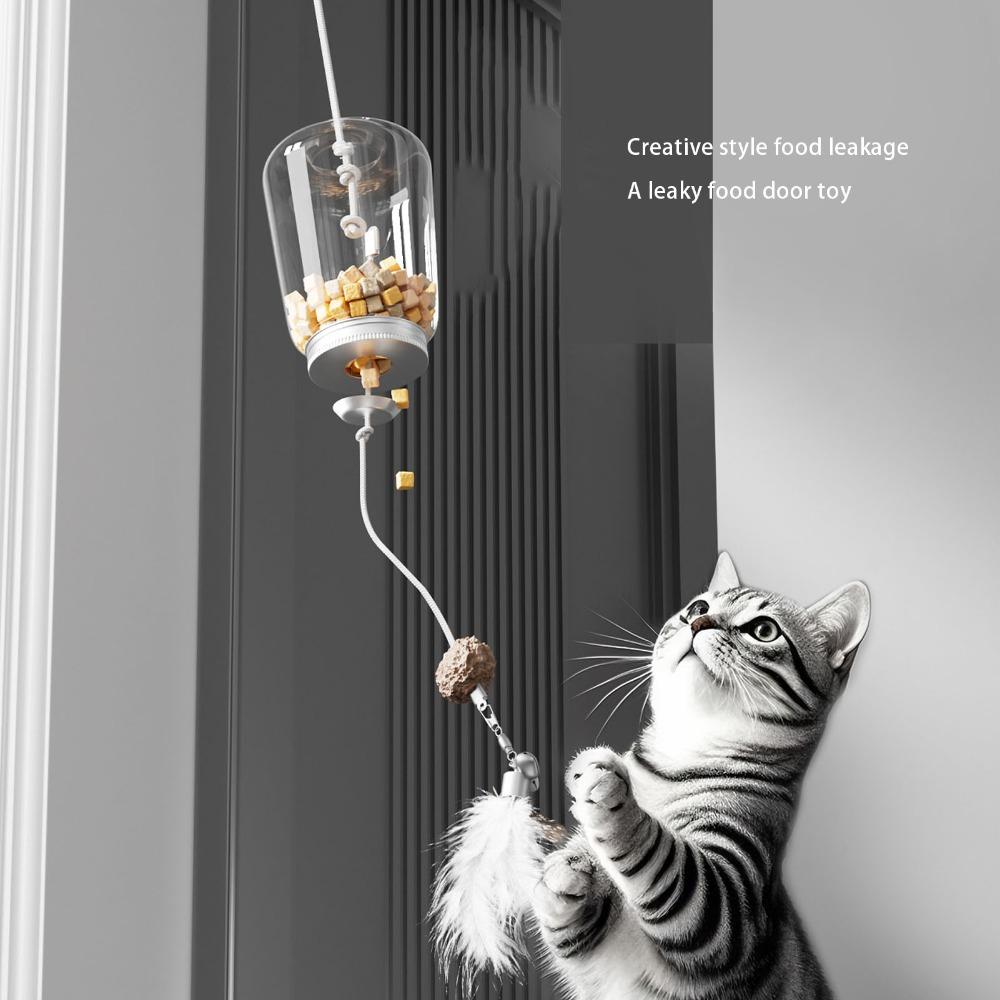 2 in 1 Hanging Cat Toy with Feather Self Play Cat Toy Treat Dispenser Toy Mental Stimulation Play