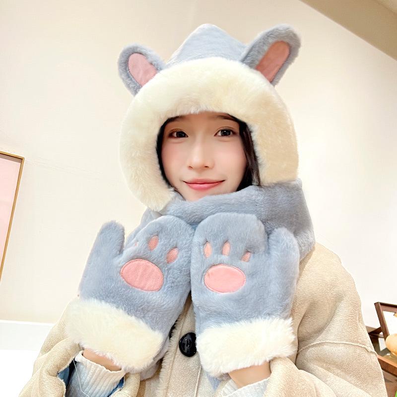 Women's Cozy Fox Ear Plush Hat with Integrated Scarf - Warm, Soft Lei Feng Design for Autumn and Winter. Perfect Ear Protection for Students.