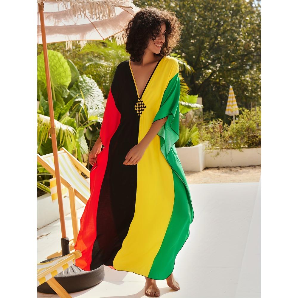 Платье с V-образным вырезом с цветными блоками, платье макси с рукавами «летучая мышь» в стиле бохо, женская одежда