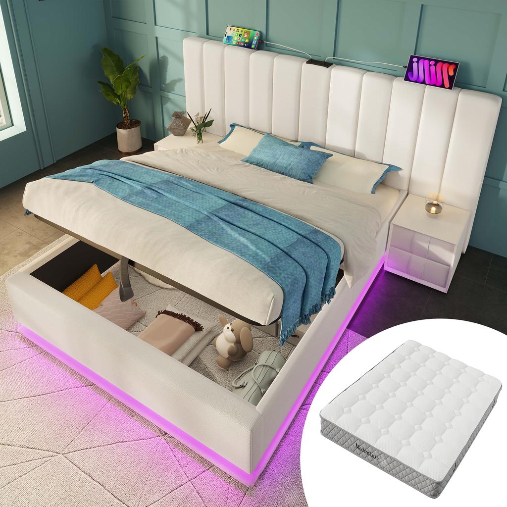 Upholstered Bed 180×200, Storage Bed with App Control LED and USB-C Charging Function, Slatted Frame, PU, White, Without Nightstand (With Mattress)