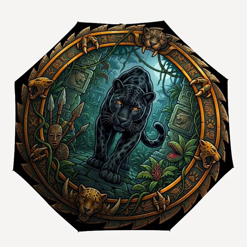 Jungle Jaguar Ritual pattern umbrella, portable and foldable design, 8 ribs, a casual accessory for Halloween, Christmas, and birthday gifts.