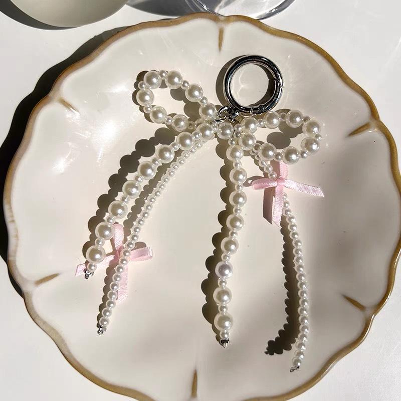 Women Girls Keychains Rings Holders Pearls Silk Ribbon Sweet Y2K Bag Pendants Creative
