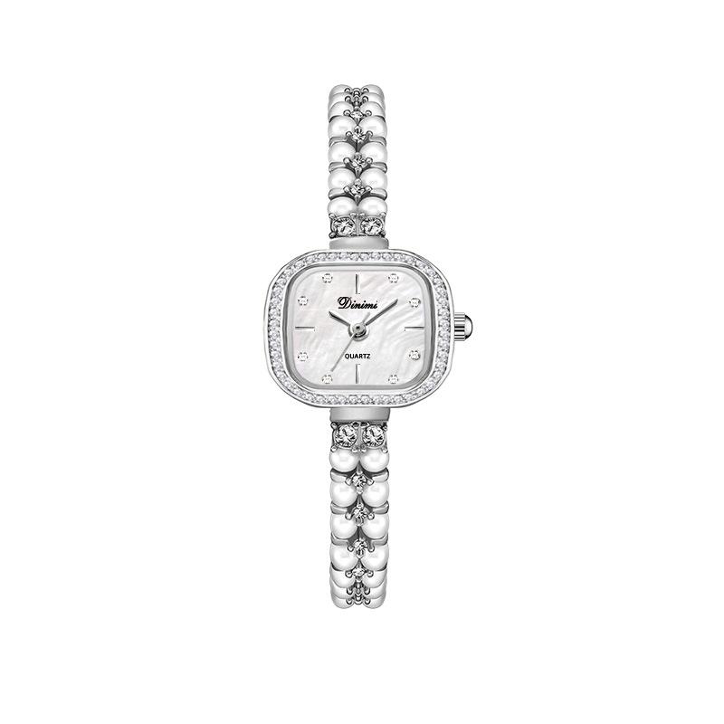 Легкие роскошные модные кварцевые часы с квадратным бриллиантом, элегантные темпераментные женские повседневные часы с жемчужным браслетом