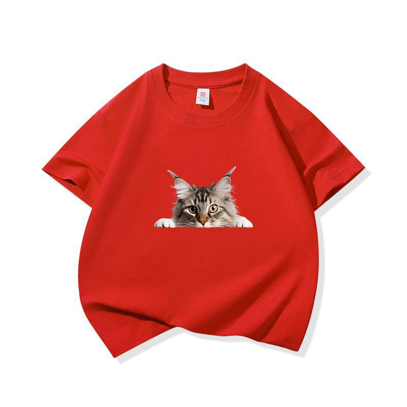 Kids Cotton T Shirt Peeking Maine Cat Pattern Print Crew Neck Short Sleeve Tee Casual Breathable Boys Girls Summer Tops
