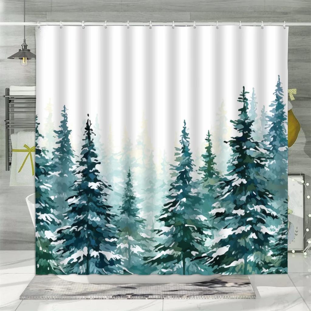 Christmas Shower Curtain, Winter Snowman Santa Claus Gnome Farm Farmhouse Cartoon Truck Christmas Tree Snowflake Bathroom Decor