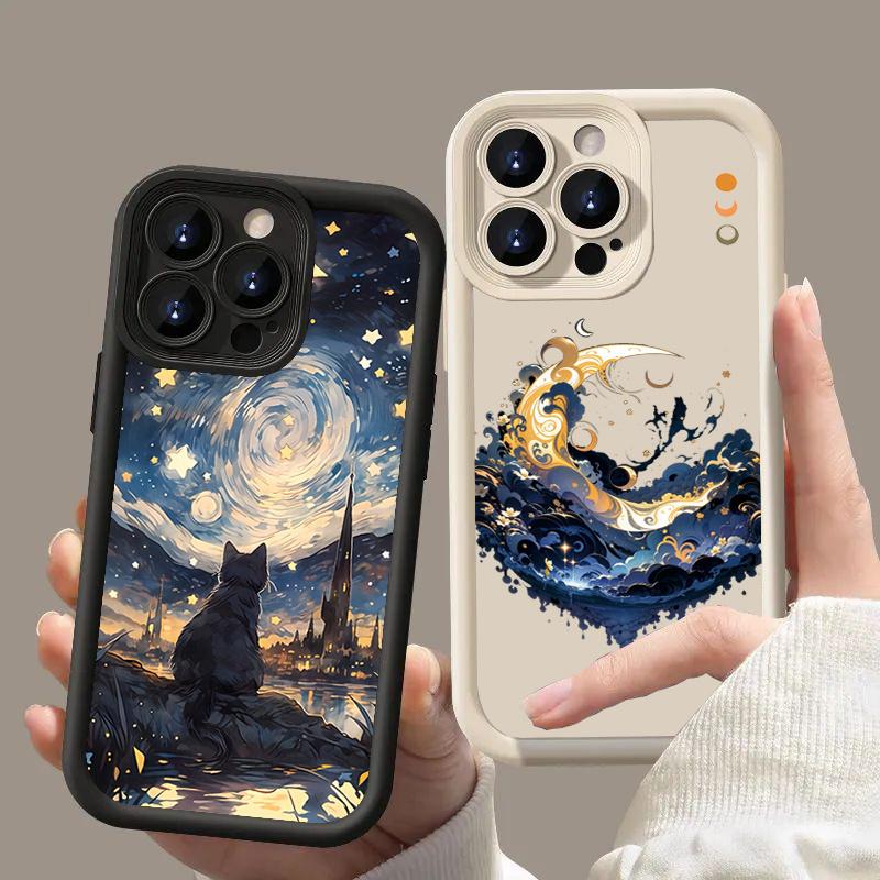 Starry Night Black Cat Moon Wave Silhouette Art Phone Case for iPhone 17 16 15 14 13 12 11 Series Pro Max Plus