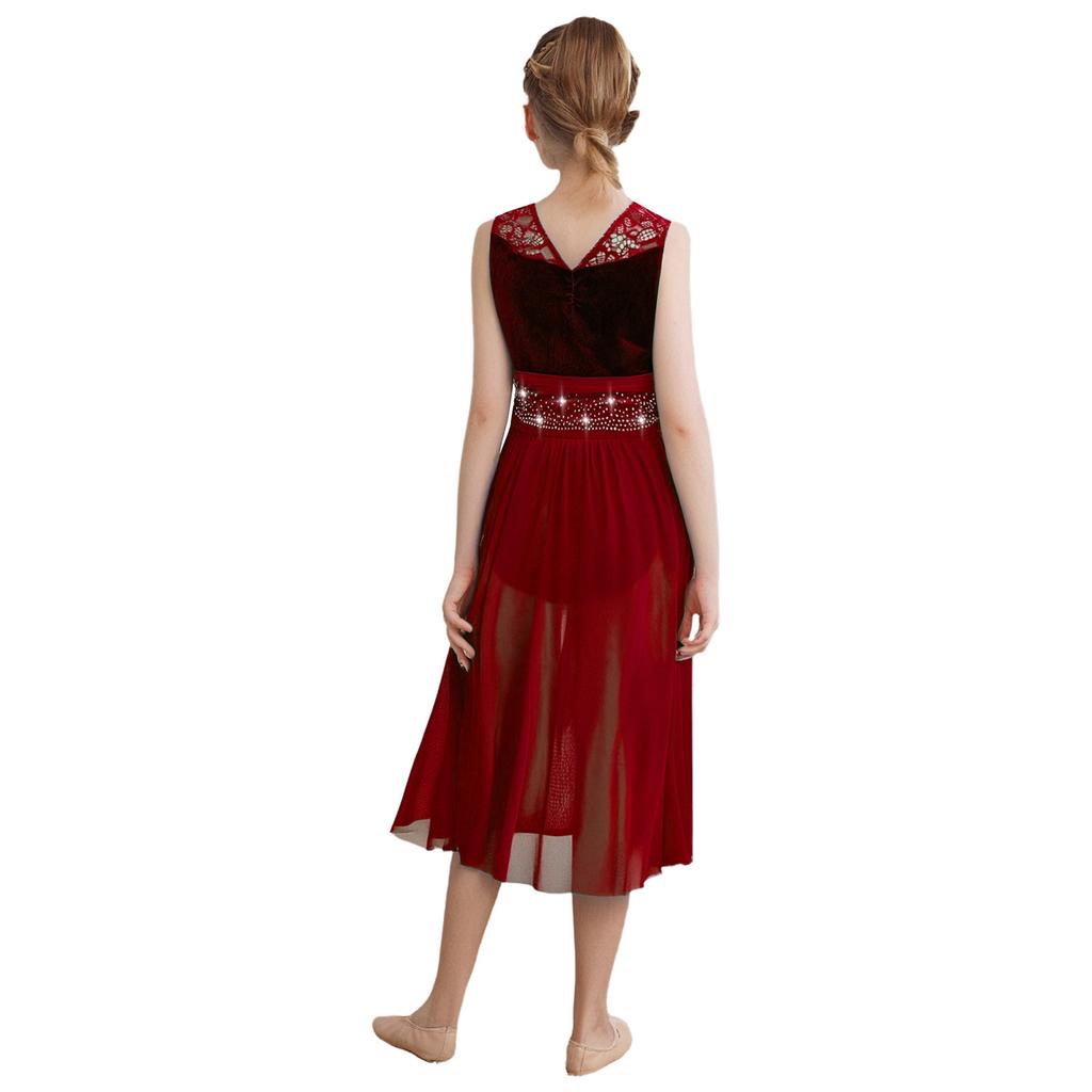 Платье для девочек с кружевной вставкой, сборчатой сетчатой накладкой, асимметричным подолом и сверкающими стразами, костюм для лирического танца