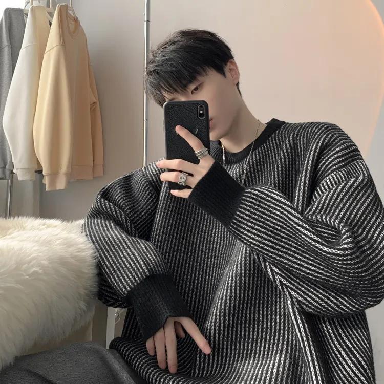 Striped Round Neck Sweater Men's Autumn and Winter Thick Sweater Loose Warm and Comfortable