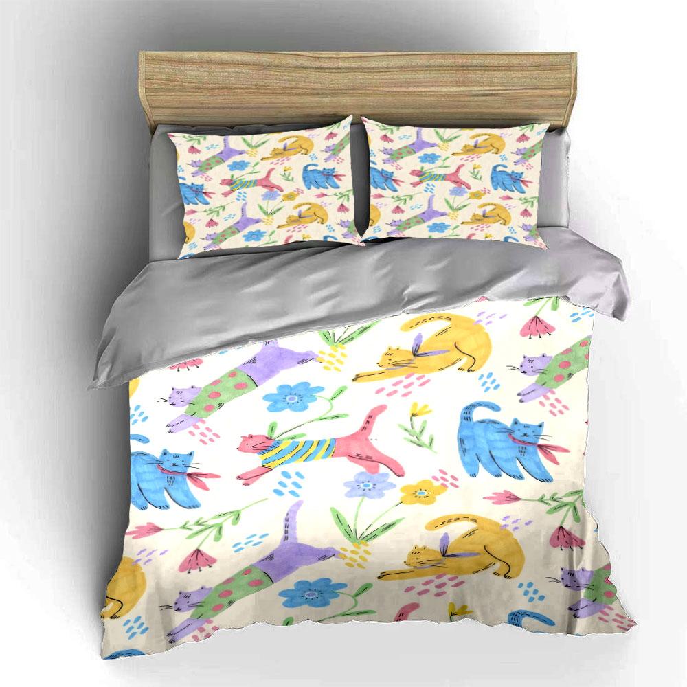 Colorful Cats and Floral Bedding Set Bedding Set with 1 Duvet Cover 2 Pillowcases Single Double King Queen, Gift