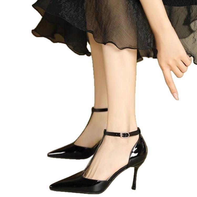 New Fashionable Lacquer Leather T-shaped Pointed Fine Straw Shoes French High Heels One Button Baotou Sandals