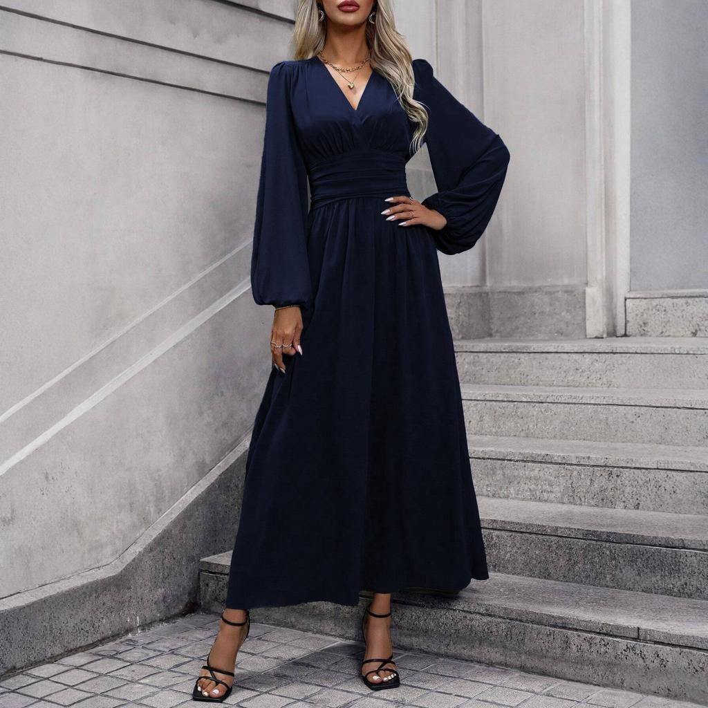 Women's Fashionable Solid Color V-neck Long Sleeved Slit Dress