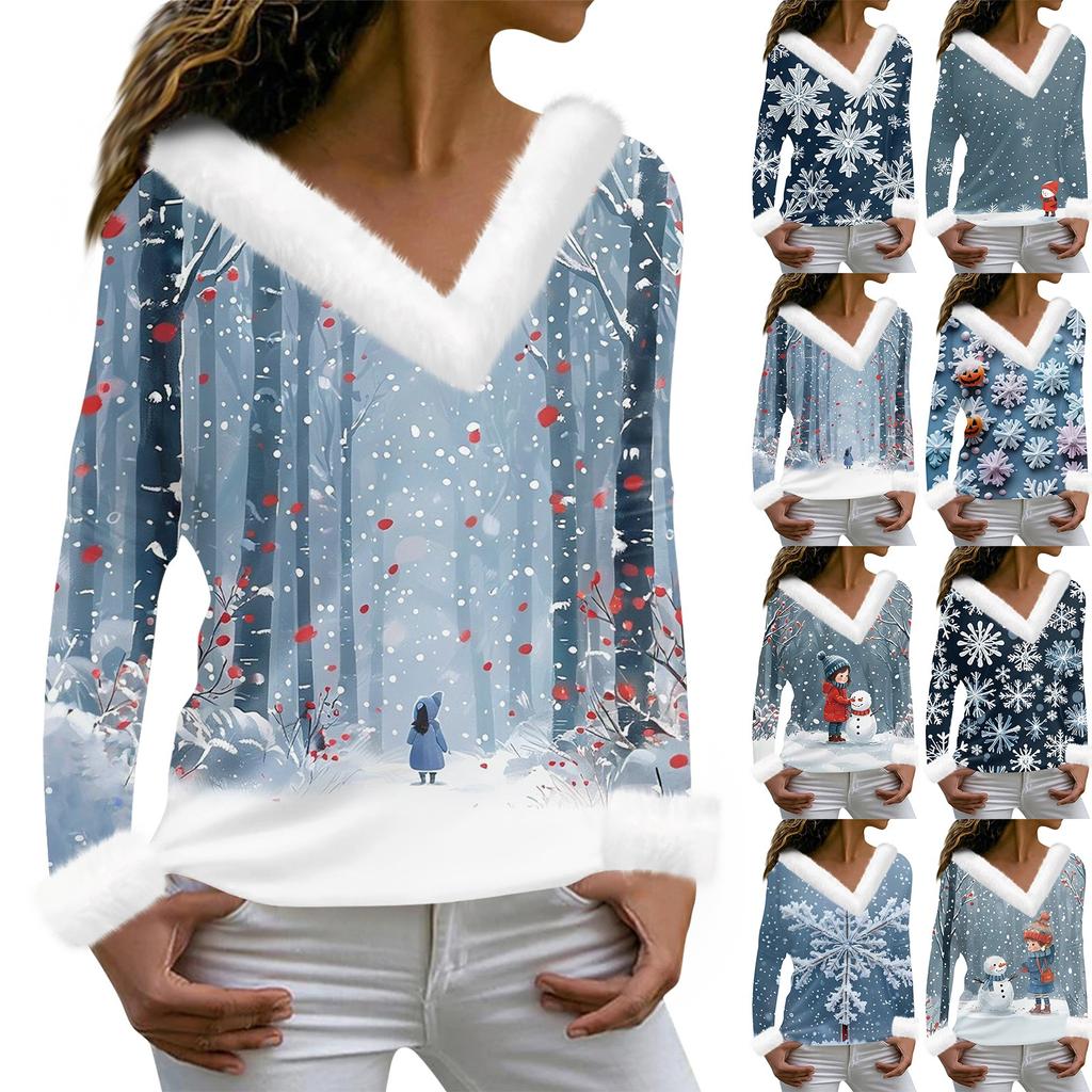 Women's Fashion Casual Long Sleeve V-Neck Christmas Printed Plush Top