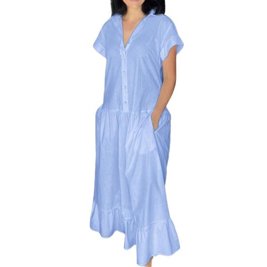 Женское летнее платье с лацканами и короткими рукавами, однотонное однобортное повседневное длинное платье