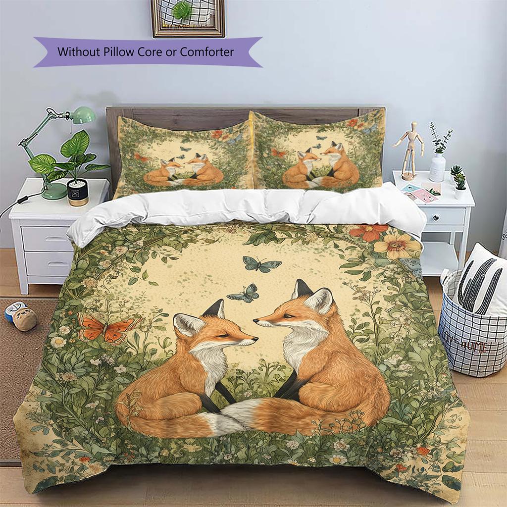 Fox and Flowers Pattern Bedding Home Decoration Birthday Gift (1 * duvet cover + 2 * pillowcase, without core)