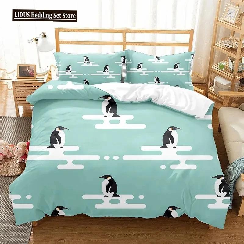 Cartoon Penguin Duvet Cover Collection For Boys Girl Animated Antarctic Animal Polyester Quilt Cover White Black King Queen Size