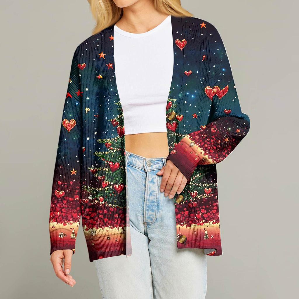 Women's Fashion Long Sleeve Christmas Print V-Neck Button Loose Cardigan Top