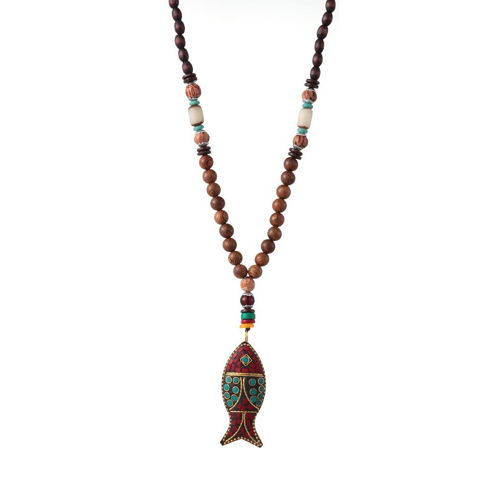 Подарок на удачу на фестивале Этнические украшения для вечеринки Мала Деревянные бусины Непальское ожерелье Подвеска из рога рыбы Буддист