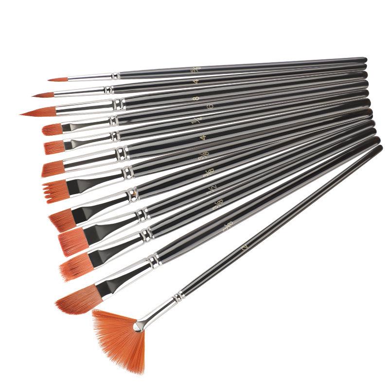 12-Piece Mixed Style Black Handle Brush Set: Short, Nylon Bristle Brushes for Watercolor, Gouache & Oil Painting