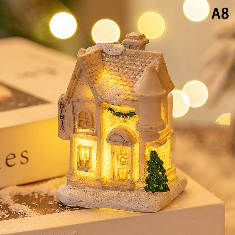 Christmas Decorations Resin Small House Light Up Village House Figurines Cartoon Table Ornament For Holiday Gift Cute Christmas