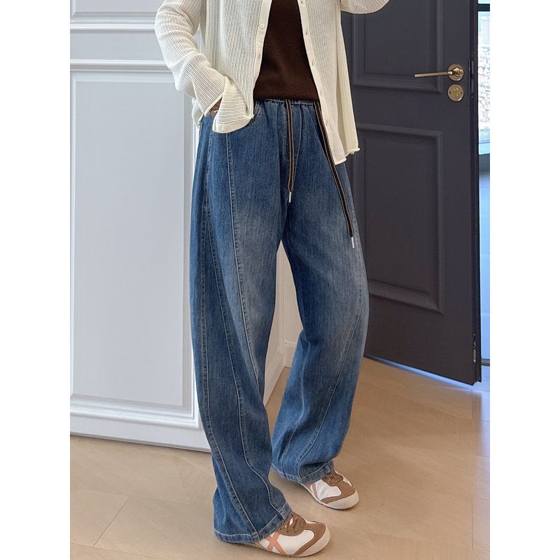 Vintage Drawstring Soft Denim Pants Plus Size Women's Clothing 100kg Comfortable Elastic High-Waisted Stylish Dad Jeans for Curvy Women