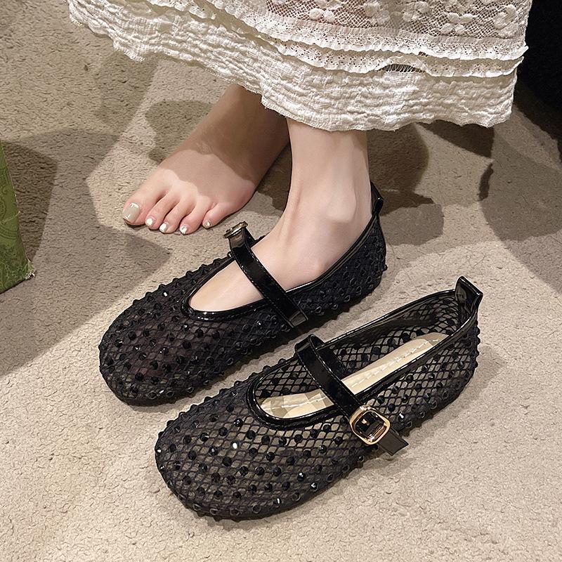 Stylish Mesh Rhinestone Catwalk Shoes Round Head Mary Jane Shoes Breathable Flat Ballet Single Shoes Women's Summer