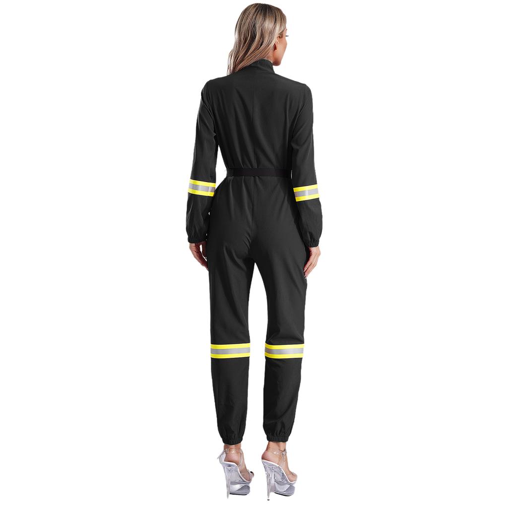 Complete Firefighter Outfit for Women S-3XL: Long Sleeve Belted Romper with Stand Collar, Halloween & Club Party Costume