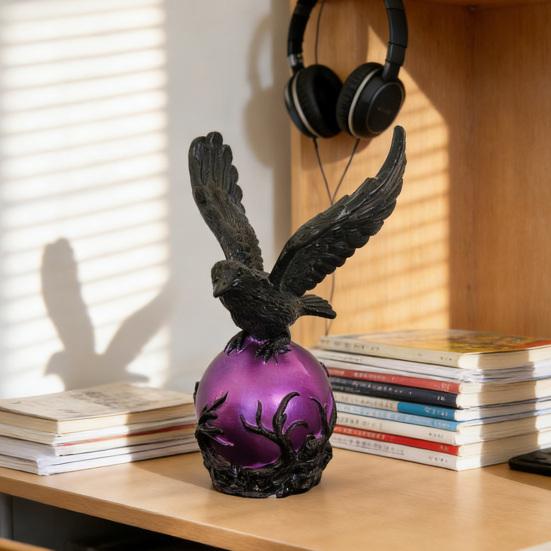 Gothic LED Table Lamp Raven's Moonlight/Pterosaur Desk Lamp Mysterious Crow/Dinosaur on Glowing Orb Sculpture for Halloween Fantasy Indoor Home Decor
