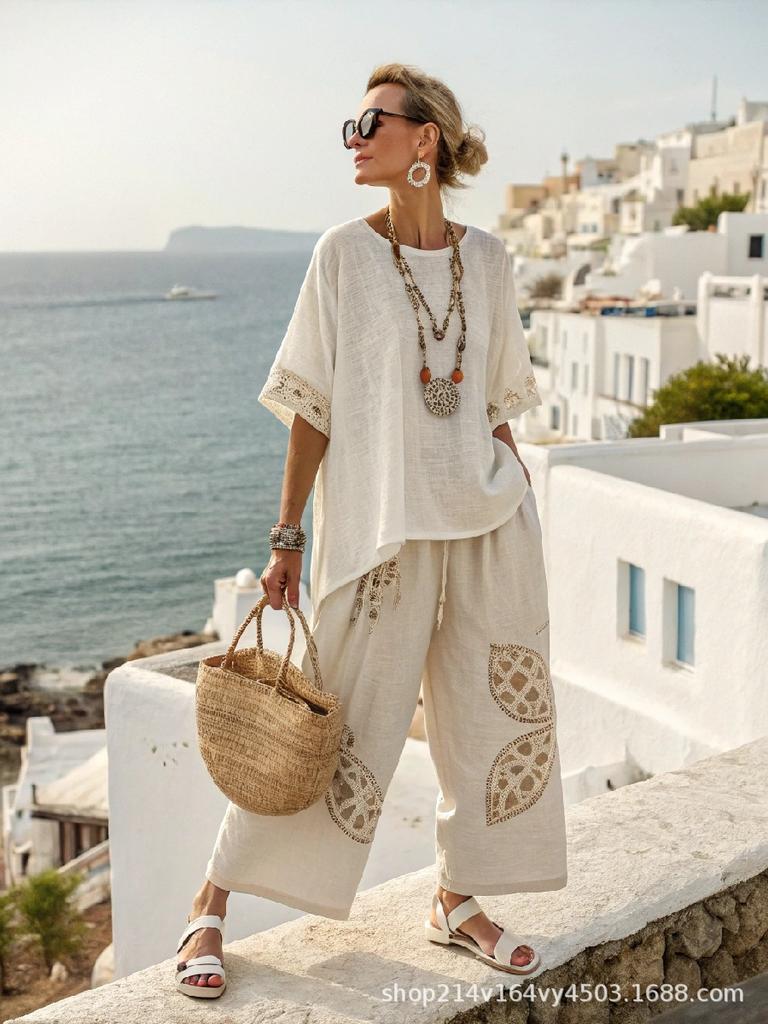 1116 Summer European & American 1D Printed Set Women's Loose Crew Neck Shirt and Long Pants Two-Piece Set for Women