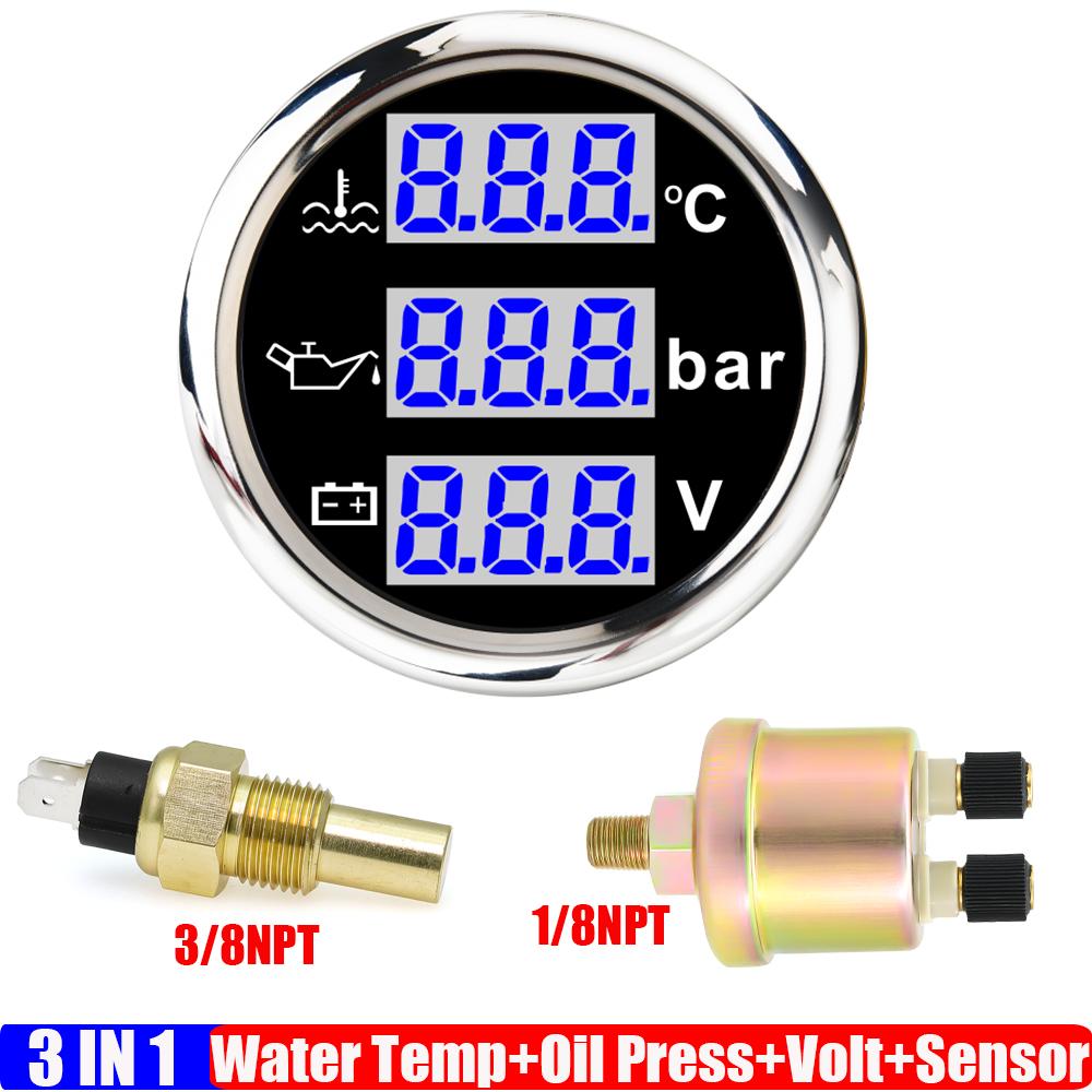 ZMFJH MultiMeter 52MM Gauge with Alarm BLUE LED 0-120℃ Water Temperature 0-10BAR Oil Pressure Meter Voltmeter Temp Sensor Car