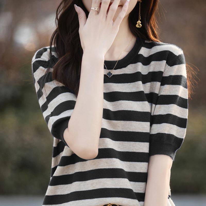 Women Knit T-shirt MODERN NEW SAGA Summer Knitted Shirt Striped Short Sleeve Tees O-neck Pullover Knit Tops