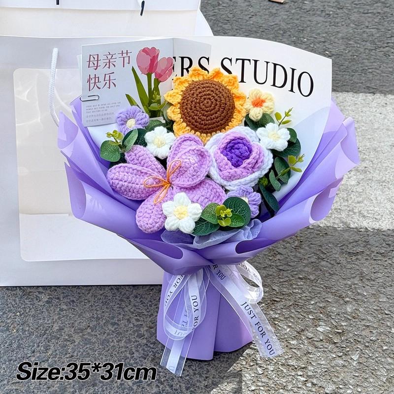 Pink Crochet Flower Bouquet Handmade Knitted Flowers Crochet Lily Roses Sunflowers Bouquet Birthday Graduation Mother's Day Gift